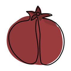 Pomegranate fruit in continuous drawing style. Abstract minimalistic style. Drawing the fruit with one line. Pomegranate contour with color. Drawing with a single line. Flat isolated illustration.