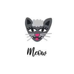 A poster with a mustachioed fashionable cute kitty with big eyes. Children's drawing