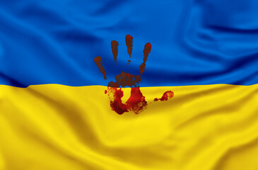 Bloody hand over flag of Ukraine. Stop war. Peace. Relationship between Ukraine and Russia.