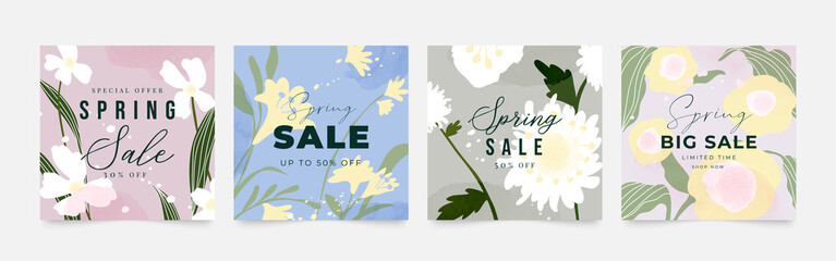 Fototapeta na wymiar Spring season floral square cover template. Set of banner design with flowers, leaves and branch in line art pattern. Watercolor blossom for social media post, internet, ads, business.