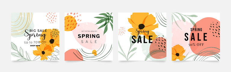 Spring season floral square cover template. Set of banner design with flowers, leaves and branch in line art pattern. Watercolor blossom for social media post, internet, ads, business.