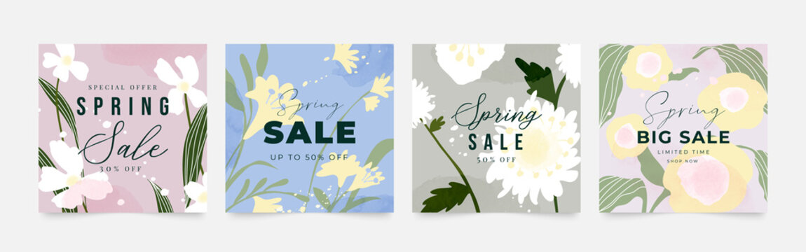 Spring season floral square cover template. Set of banner design with flowers, leaves and branch in line art pattern. Watercolor blossom for social media post, internet, ads, business.