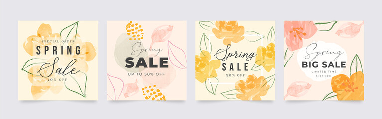 Spring season floral square cover template. Set of banner design with flowers, leaves and branch in line art pattern. Watercolor blossom for social media post, internet, ads, business.