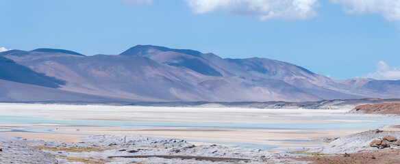 Stunning glacial salt lagoons on the Atacama desert in Chile near the borders with Bolivia and...