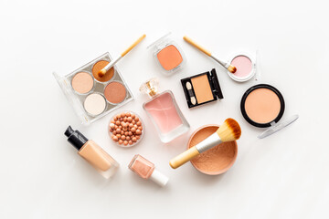 Makeup cosmetic set on white background. Beauty flat lay