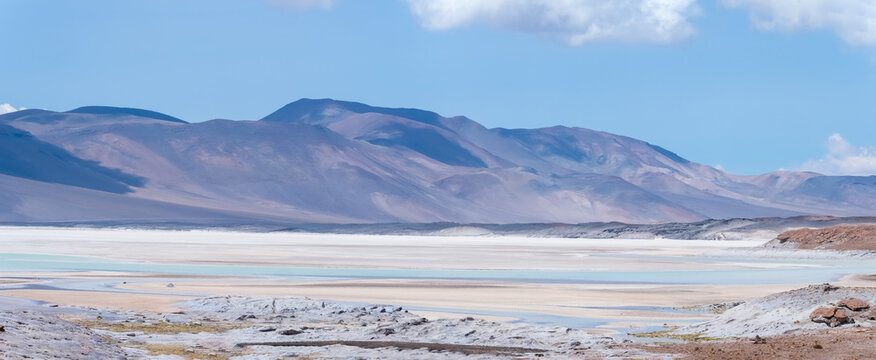 Stunning glacial salt lagoons on the Atacama desert in Chile near the borders with Bolivia and Argentina.