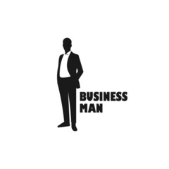 Standing businessman logo. Black and white silhouette vector illustration.