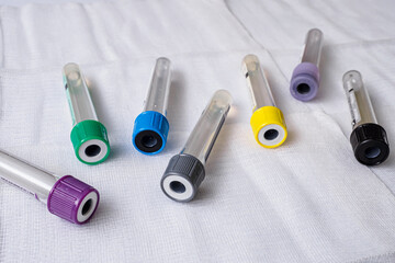 Plastic test tubes with caps for the collection of samples. Blood sampling tubes.