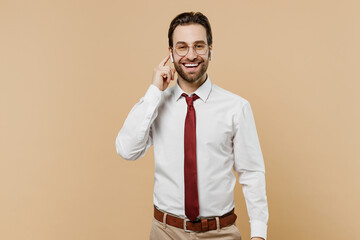 Young fun successful employee business man corporate lawyer 20s wear classic white shirt red tie...