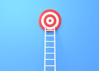 Step ladder and target on a blue wall with copy space. 3d rendering 3d illustration © Andrii