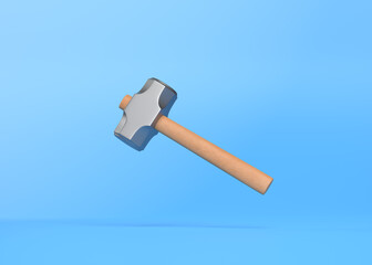 Flying hammer on blue background with copy space. Anvil hammer. Hammer tool. Creative minimal concept. 3d rendering 3d illustration