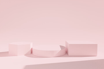 3d rendering. Three blank Podium minimal abstract scene geometric shape on pink background. 3D Podium mockup or platform for cosmetic product presentation.