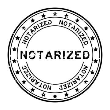 Grunge black notarized word with star icon round rubber seal stamp on white background