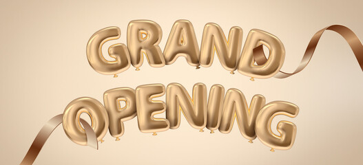 Grand opening 3D illustration golden isolated typography with balloon style realistic rendered floating for celebration concept illustration in white clean background