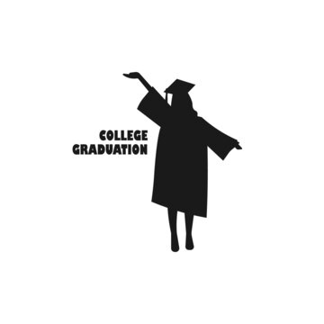College Graduation. Standing Female Graduate Black Vector Silhouette Illustration.