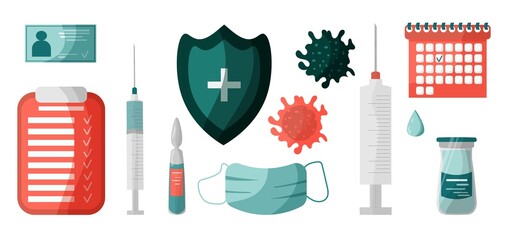 Set vector items for vaccination against covid-19, coronavirus vaccine, vaccine development. Syringe, injection, medications, vitamins, calendar with date. Use advertising, banner, poster, promotion.
