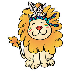 Cartoon Lion Indian. Vector Illustration of a Cute Lion with Feathers.