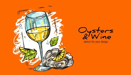 A glass of white wine and mussels. A delicacy for dinner.Hand drawn vector sketch.