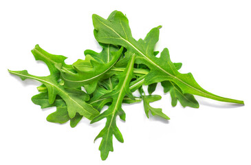 Fresh green arugula leaves isolated on white background, top view, flat lay. Pile of ruccola - obrazy, fototapety, plakaty