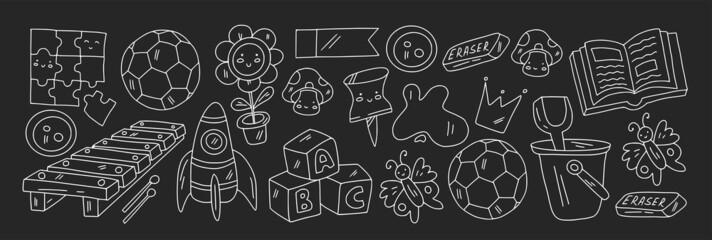 Creativity and imagination. Vector icons with school items.