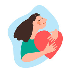 Cartoon style illustration of a young woman hugging her chest to support her mental or heart health
