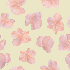 Watercolor seamless pattern of orchid flowers. Abstract background for design, wallpapers, wrapping paper. Orchid flowers ornament on a bright background.