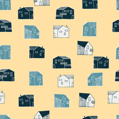 Seamless pattern with small detached, single-family houses on yellow background for surface design and other design projects
