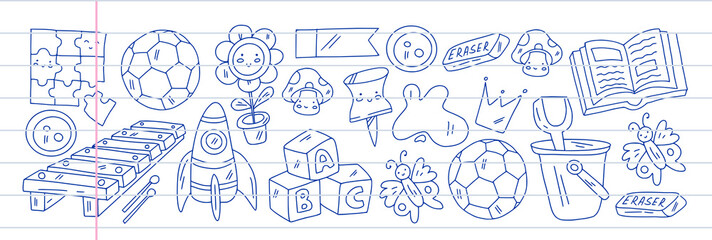 Creativity and imagination. Vector icons with school items.