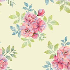Seamless botanical ornament. Watercolor peony flowers collected in a seamless pattern. Elegant bouquet of peony flowers with leaves on a delicate background.