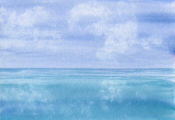 Idealistic landscape of a cloudy sky. Abstract watercolor background in blue and aquamarine tones. The water surface reflecting the fabulous sky. Hand drawn summer illustration.