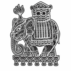 Indian elephant is drawn in zentangle style, the beast stands in profile and is dressed up in national ornaments, isolated object on a white background, vector illustration,