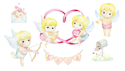 Cute cupids, on the background of a heart, from a ribbon. Watercolor clipart, on an isolated background, in a cartoon style. Valentine's Day.
