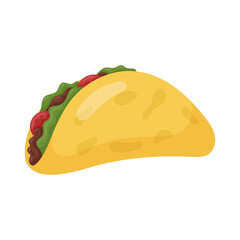 Vector illustration of mexican taco in tortilla with vegetables. Spicy food isolated on white.