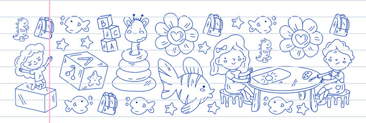 Creativity and imagination. Vector icons with school items.