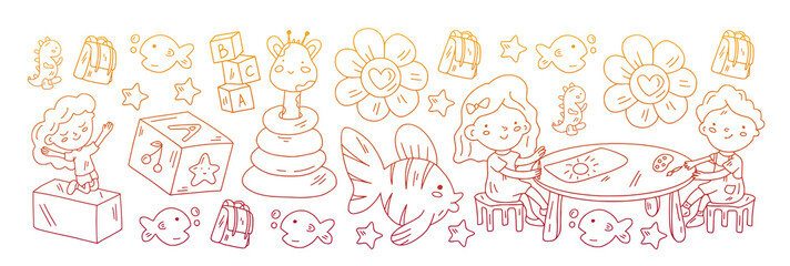 Creativity and imagination. Vector icons with school items.