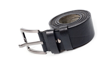 Black leather belt with a classic metal buckle for men's trousers and jeans.