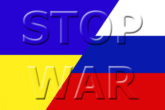 3D Text of STOP WAR on Horizontal Striped Symbolizing Ukrainian Flag and Russian Flag