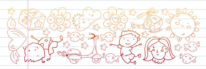 Creativity and imagination. Vector icons with school items.