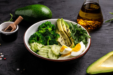 Avocado salad with cucumber, broccoli and egg. Healthy organic vegan salat with sliced avocado. Delicious breakfast or snack, Clean eating, dieting, vegan food concept. top view