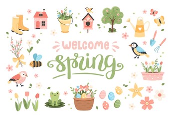Welcome spring elements collection - lettering with cute birds, bees, flowers, butterflies. Easter eggs. Hand drawn flat cartoon elements. Vector illustration