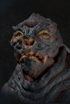 Alien creature with rough blue skin and saggy neck folds - digital fantasy 3d illustration