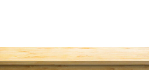 Empty wooden table top isolated on white background for product display montage