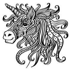 Hand drawn zentangle unicorn head illustration