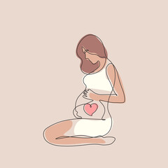 continuous line drawing of a pregnant woman loving she's baby. mother on pastel background