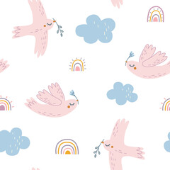 Seamless pattern with a flying dove in the sky, clouds and colored rainbows.