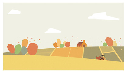 Obraz na płótnie Canvas Landscape vector illustration.Minimal countryside in autumn.Farmhouse and truck in crops field.