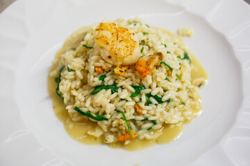 Risotto con capesante, rucola e vodka servito in un ristorante elegante