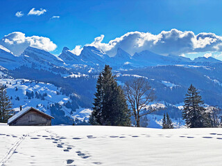 Snowy peaks of the Swiss alpine mountain range Churfirsten (Churfürsten or Churfuersten) in the Appenzell Alps massif - Unterwasser, Switzerland (Schweiz)