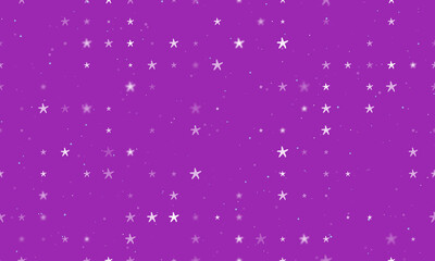 Seamless background pattern of evenly spaced white starfish symbols of different sizes and opacity. Vector illustration on purple background with stars
