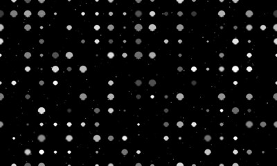 Seamless background pattern of evenly spaced white sea shell symbols of different sizes and opacity. Vector illustration on black background with stars